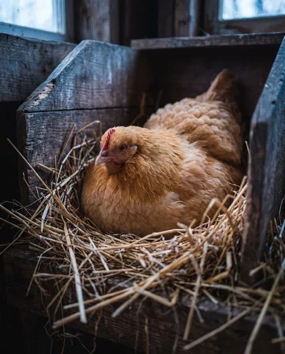 Buff Orpington Hen in Wooden Nesting Box