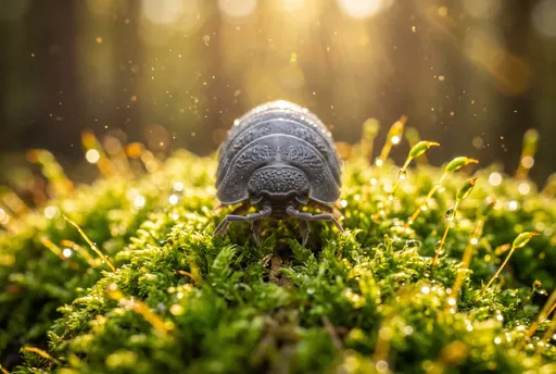 Macro Pill Bug on Sunlit Green Moss