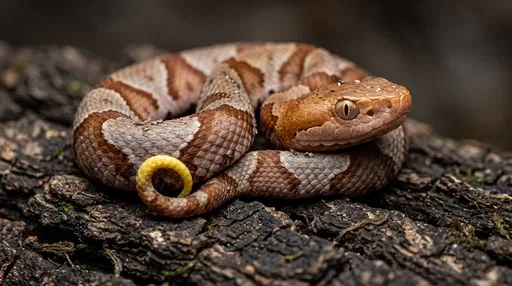 Close-Up of Juvenile Copperhead Snake on Bark