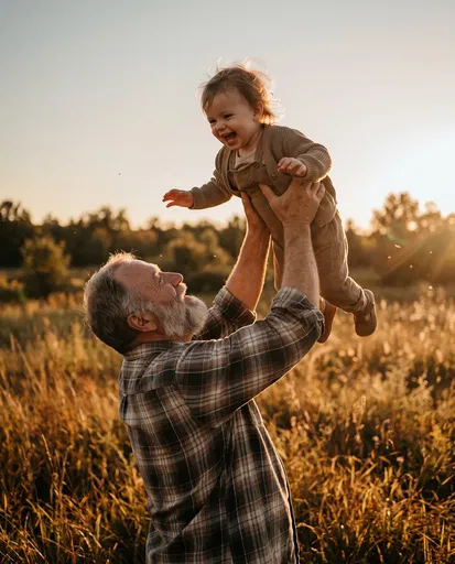 Grandfather Lifting Laughing Toddler at Sunset