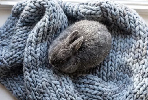 Grey Dwarf Bunny on Chunky Knit Blanket