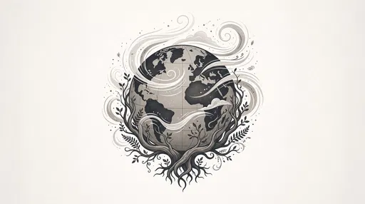 Monochrome Illustration of Globe with Tree Roots