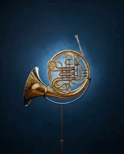 Brass French Horn on Dark Blue Background