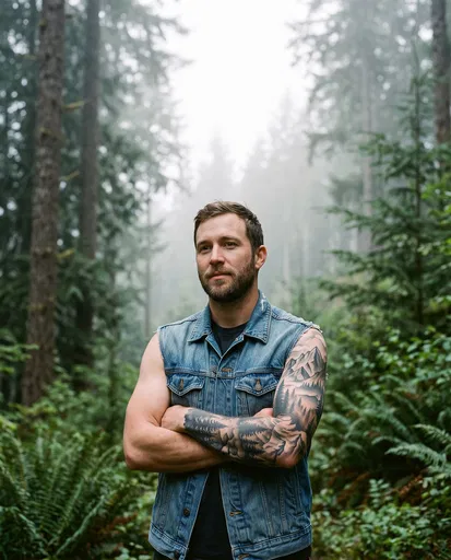 Man With Mountain Sleeve Tattoo in Forest