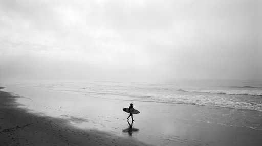 Lone Surfer Walking on Misty Beach