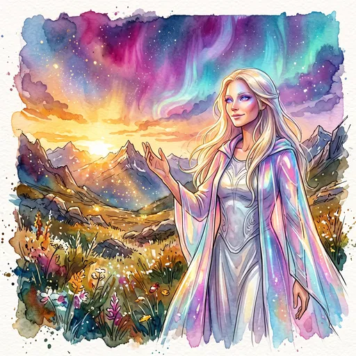 Watercolor Woman in Aurora Mountain Meadow