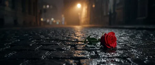 Red Rose on Wet Cobblestone Street