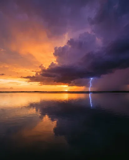 Lightning Strike Over Calm Sunset Lagoon