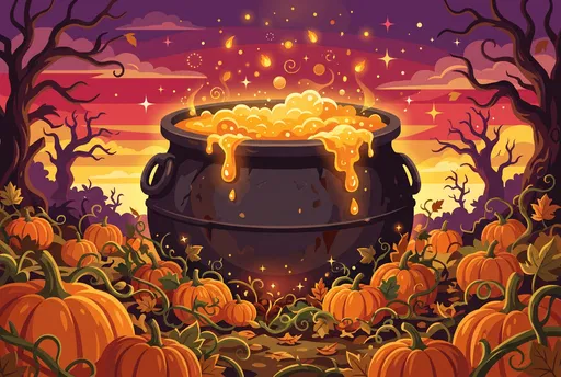 Glowing Witch Cauldron in Autumn Pumpkin Patch