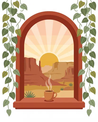 Desert Sunrise Through Arched Terracotta Window