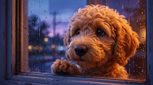 Goldendoodle Puppy Looking Through Rainy Window