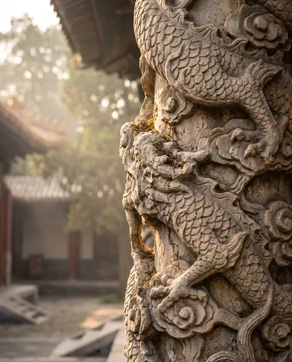 Carved Stone Dragon Pillar in Morning Light