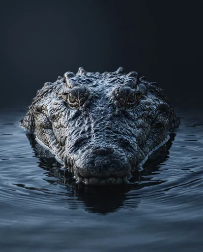 Symmetrical Crocodile Emerging from Dark Water