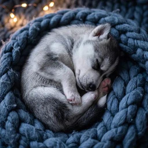 Sleeping Husky Puppy on Knit Blanket