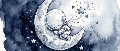 Watercolor Chibi Astronaut Sleeping on Moon