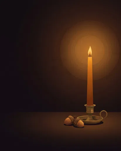 Glowing Amber Taper Candle and Acorns