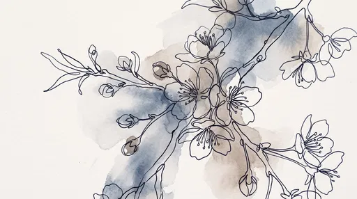 Cherry Blossom Line Art and Watercolor