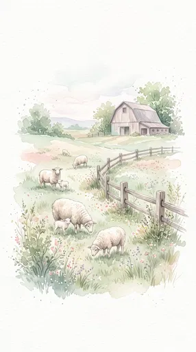 Watercolor Meadow with Grazing Sheep and Barn