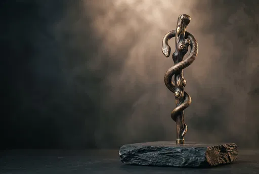 Bronze Staff of Asclepius Sculpture on Slate