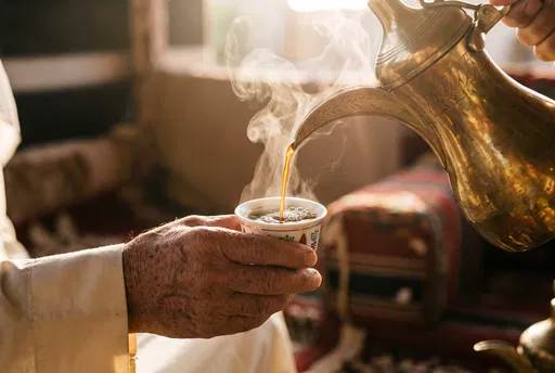 Pouring Traditional Arabic Coffee from Brass Dallah