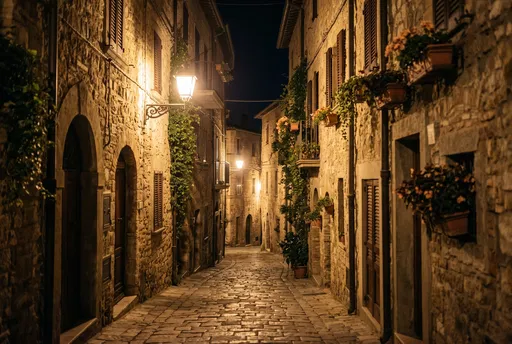 Warmly Lit Stone Alleyway at Night