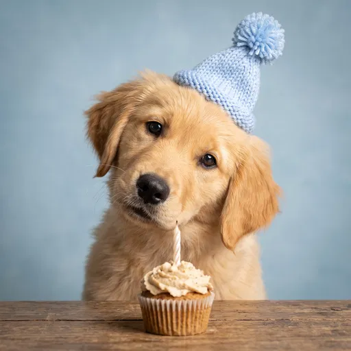 Golden Retriever Puppy With Birthday Cupcake