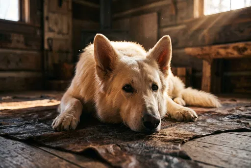 White Shepherd Resting in Rustic Cabin