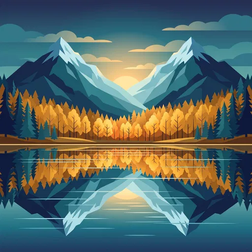 Symmetrical Autumn Alpine Lake Vector Illustration