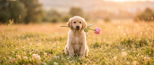 Golden Retriever Puppy Holding Pink Rose