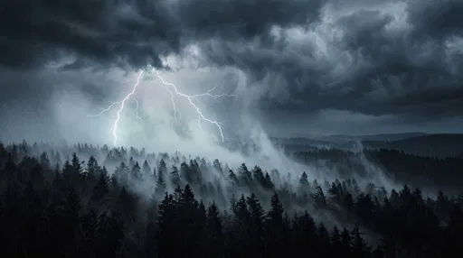 Lightning Storm Over Misty Pine Forest