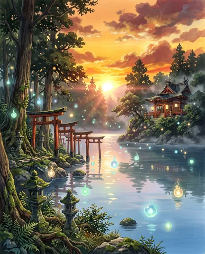 Mystical Lakeside Shrine at Sunset