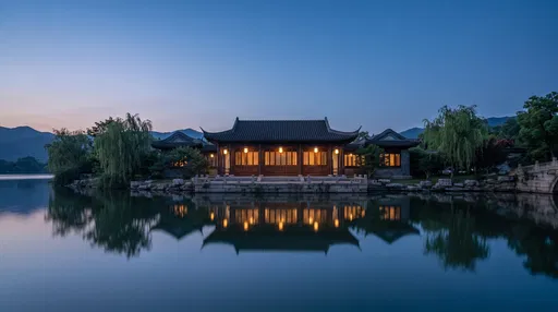 Traditional Chinese Lakeside House at Twilight