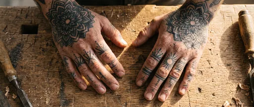 Craftsman Hands With Mandala Tattoos on Workbench