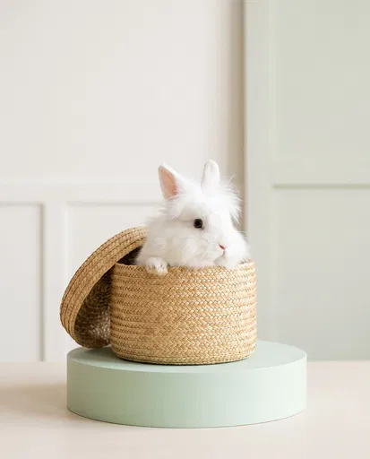Fluffy White Rabbit in Woven Basket
