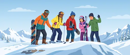 Diverse Teenagers With Skis On Snowy Mountain