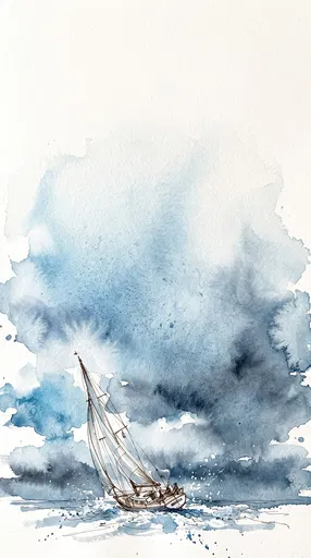 Watercolor and Ink Heeling Sailboat Illustration