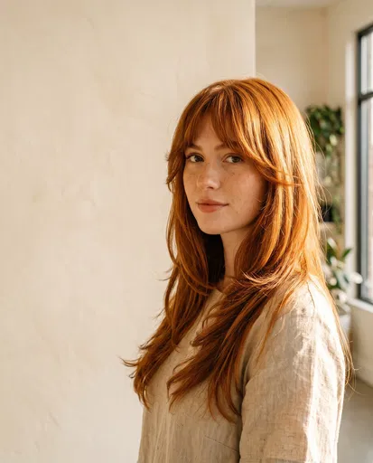 Woman With Copper Red Hair and Bangs