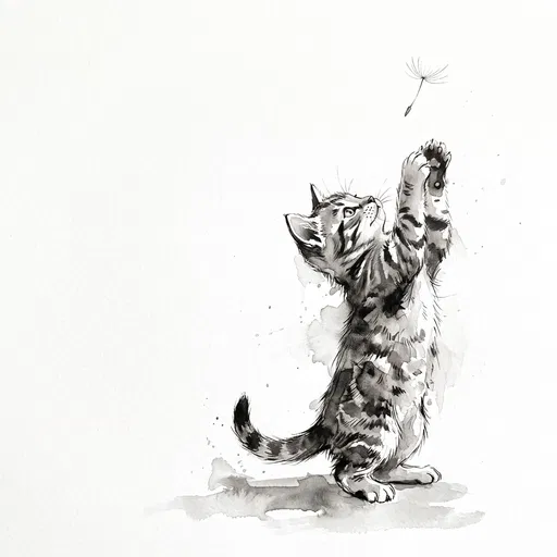 Watercolor Kitten Reaching For Dandelion Seed