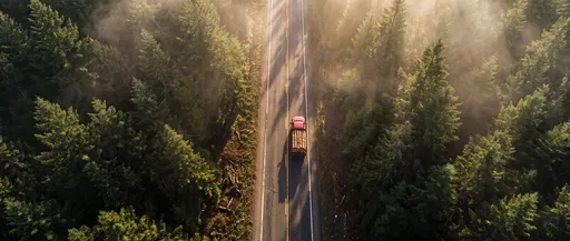 Aerial Logging Truck on Misty Forest Highway