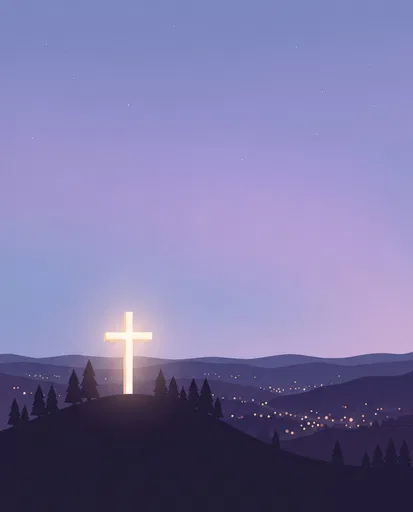 Illuminated Hilltop Cross Over Night Valley