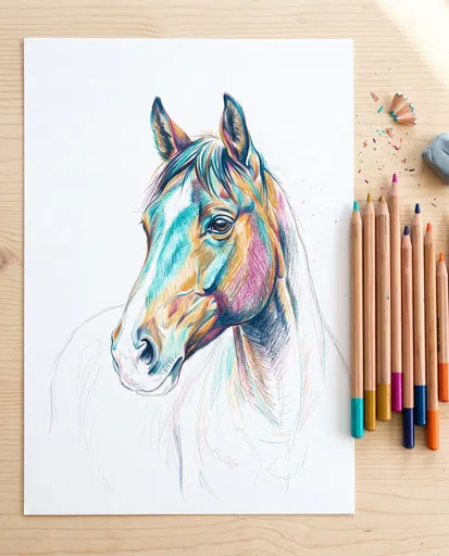 Colorful Horse Drawing With Colored Pencils