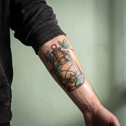 Neo-Traditional Lantern and Moth Forearm Tattoo