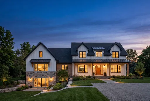 Modern Farmhouse Exterior at Blue Hour