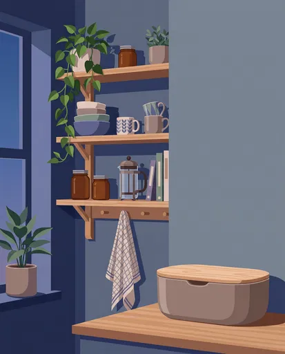 Cozy Twilight Kitchen Shelves and Breadbox Illustration