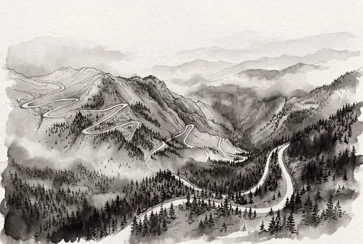 Monochrome Ink Drawing of Mountain Switchbacks