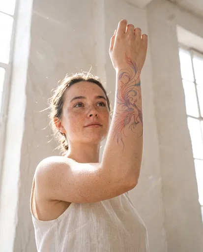 Woman Showing Pastel Phoenix Forearm Tattoo