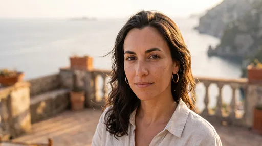 Mediterranean Woman on Coastal Terrace at Sunset
