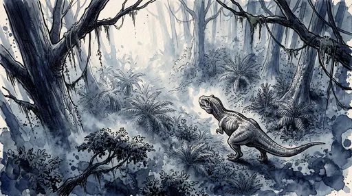 Ink and Wash T-Rex in Misty Forest