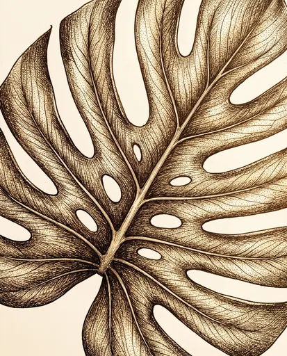 Sepia Ink Monstera Leaf Illustration