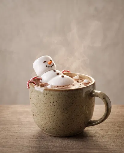 Marshmallow Snowman Relaxing in Hot Chocolate